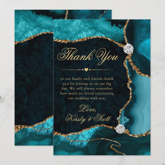 Elegant Blauwgroen en Gold Glitter Agate Wedding Bedankkaart (Voorkant / Achterkant)