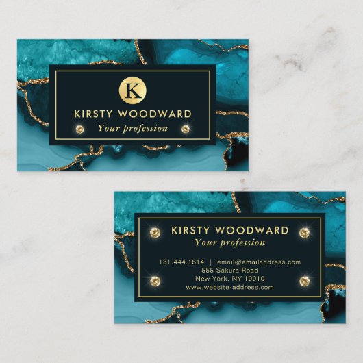 Elegant Blauwgroen en Gold Glitter Marble Agate Visitekaartje (Voorkant / Achterkant)