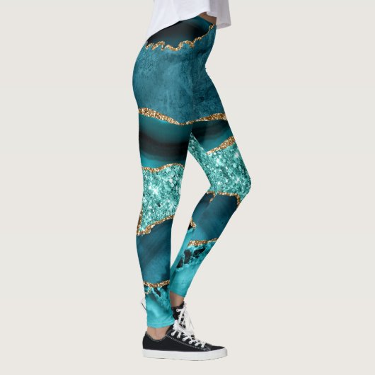 Elegant Blauwgroen en Gold Glitter Ocean Agate Leggings (Rechts)