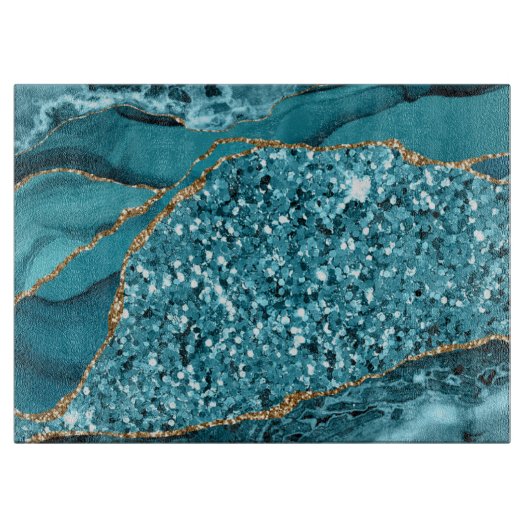Elegant Blauwgroen en Gold Glitter Ocean Agate Snijplank (Voorkant)