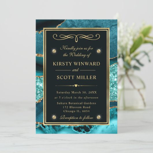 Elegant Blauwgroen en Gold Glitter Ocean Agate Wed Kaart (Staand voorkant)