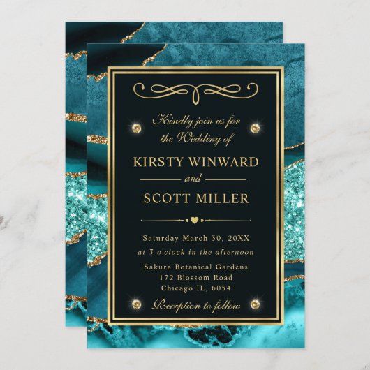 Elegant Blauwgroen en Gold Glitter Ocean Agate Wed Kaart (Voorkant / Achterkant)