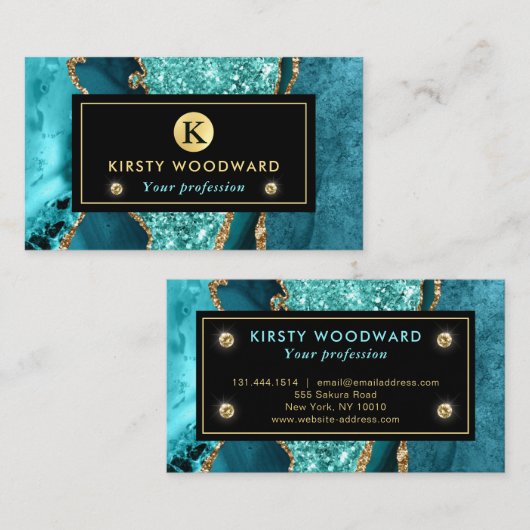 Elegant Blauwgroen en Gold Ocean Glitter Agate Visitekaartje (Voorkant / Achterkant)