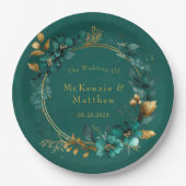 Elegant Blauwgroen en Gold Waterverf Floral Weddin Papieren Bordje (Voorkant)