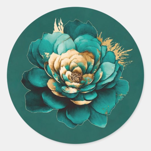 Elegant Blauwgroen en Gold Waterverf Floral Weddin Ronde Sticker (Voorkant)