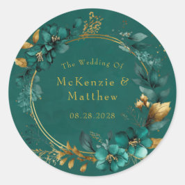 Elegant Blauwgroen en Gold Waterverf Floral Weddin Ronde Sticker
