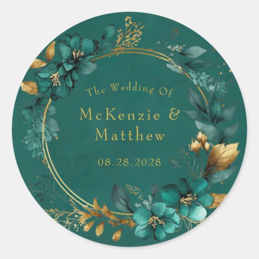 Elegant Blauwgroen en Gold Waterverf Floral Weddin Ronde Sticker (Voorkant)