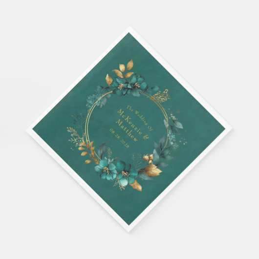 Elegant Blauwgroen en Gold Waterverf Floral Weddin Servet (Hoek)