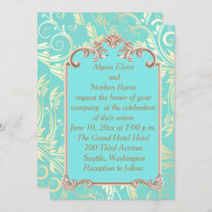 Elegant Blauwgroen en Gold Wedding Invitation Kaart