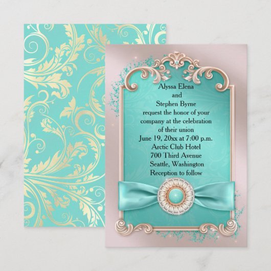 Elegant Blauwgroen en Gold Wedding Invitation Kaart (Voorkant / Achterkant)