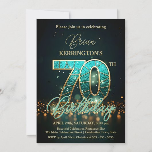 Elegant Blauwgroen en Goud 70ste Verjaardag Kaart (Voorkant)