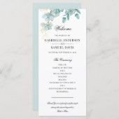 Elegant Blauwgroen en Goud Eucalyptus Trouwprogram Programmakaart (Voorkant / Achterkant)