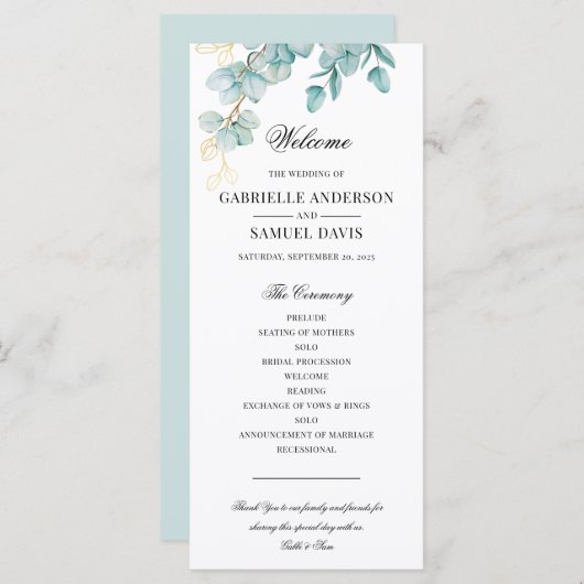 Elegant Blauwgroen en Goud Eucalyptus Trouwprogram Programmakaart (Voorkant / Achterkant)