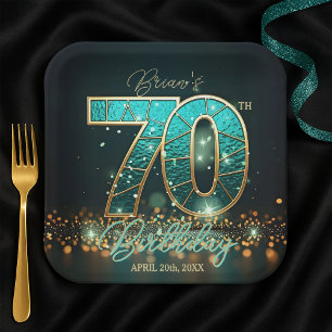 Elegant Blauwgroen en Goud Glas in lood 70ste Verj Papieren Bordje