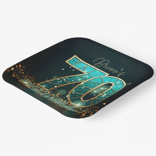 Elegant Blauwgroen en Goud Glas in lood 70ste Verj Papieren Bordje (Gebogen)