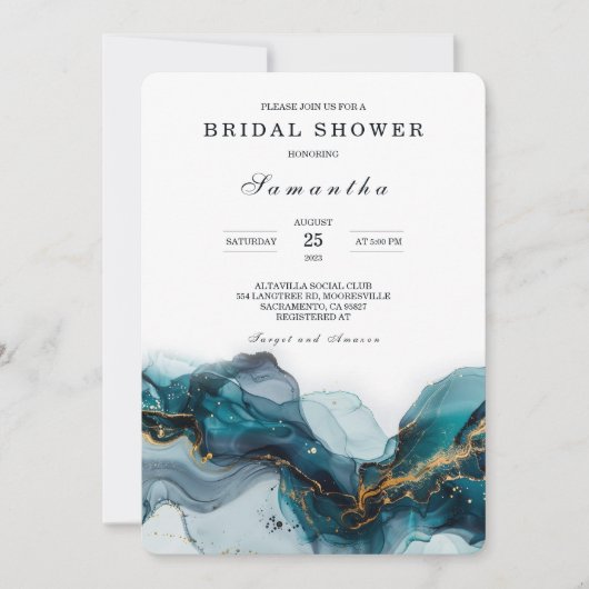 Elegant Blauwgroen en Goud Marmeren Vrijgezellenfe Kaart (Voorkant)