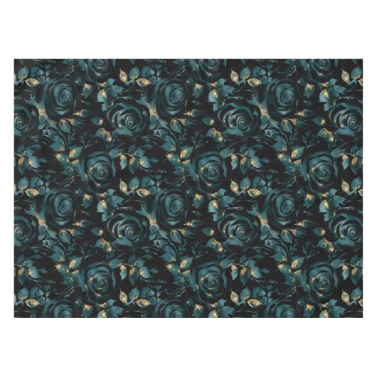 Elegant Blauwgroen en Goud Roos Bloemenpatroon Tafelkleed (Voorkant (Horizontaal))