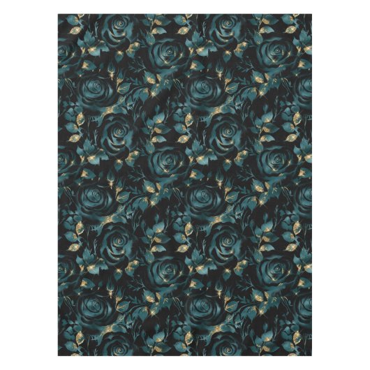 Elegant Blauwgroen en Goud Roos Bloemenpatroon Tafelkleed (Voorkant)