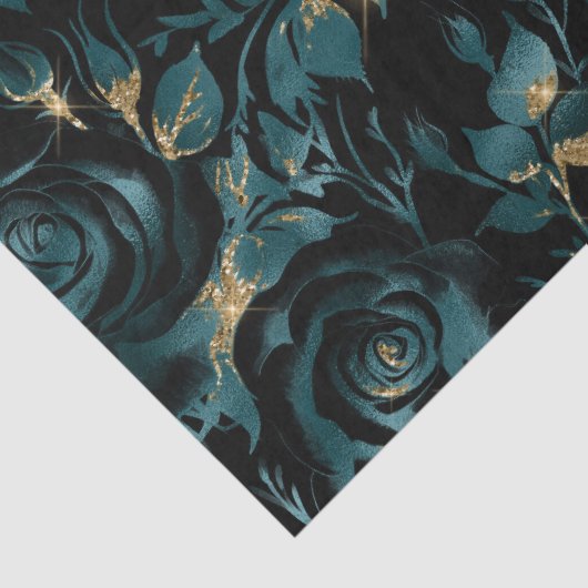 Elegant Blauwgroen en Goud Roos Bloemenpatroon Tissuepapier (Detail)