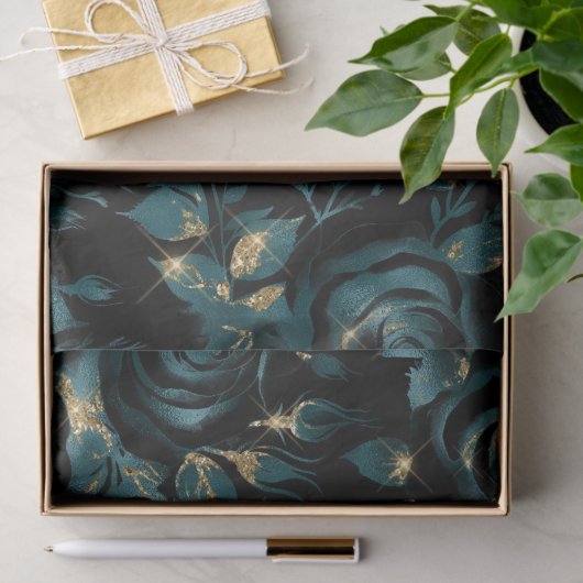 Elegant Blauwgroen en Goud Roos Bloemenpatroon Tissuepapier (Geschenk)
