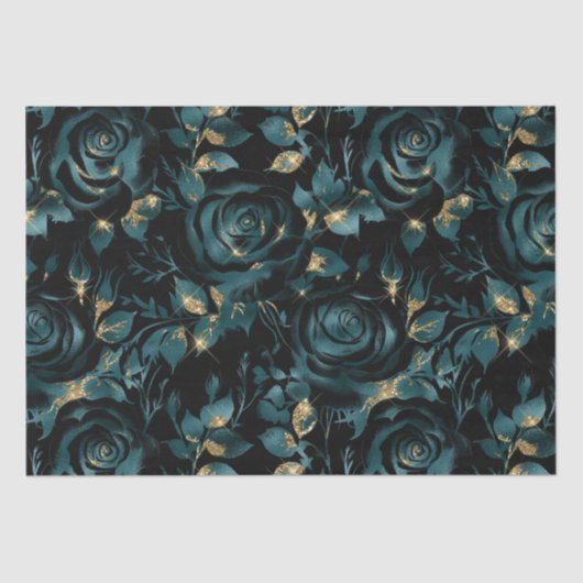 Elegant Blauwgroen en Goud Roos Bloemenpatroon Tissuepapier (Voorkant)