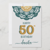 Elegant Blauwgroen en Gouden Mandala 50ste Verjaar Kaart (Voorkant)