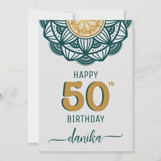 Elegant Blauwgroen en Gouden Mandala 50ste Verjaar Kaart (Voorkant)