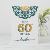 Elegant Blauwgroen en Gouden Mandala 50ste Verjaar Kaart (Staand voorkant)