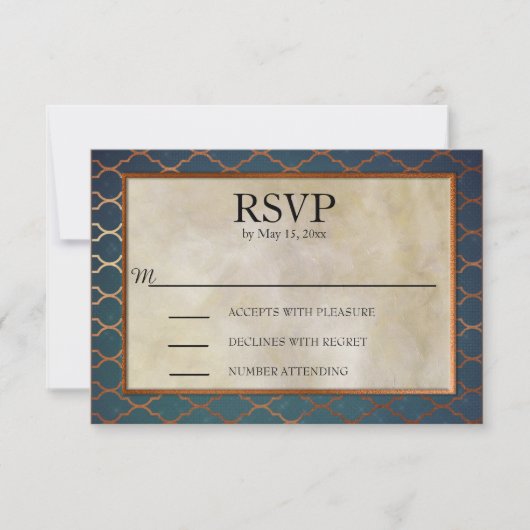 Elegant Blauwgroen en koperbruiloft RSVP (Voorkant)