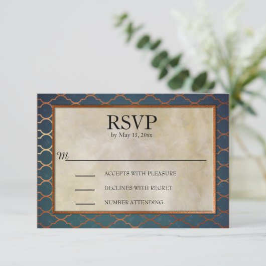 Elegant Blauwgroen en koperbruiloft RSVP (Staand voorkant)
