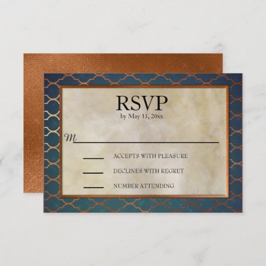Elegant Blauwgroen en koperbruiloft RSVP (Voorkant / Achterkant)