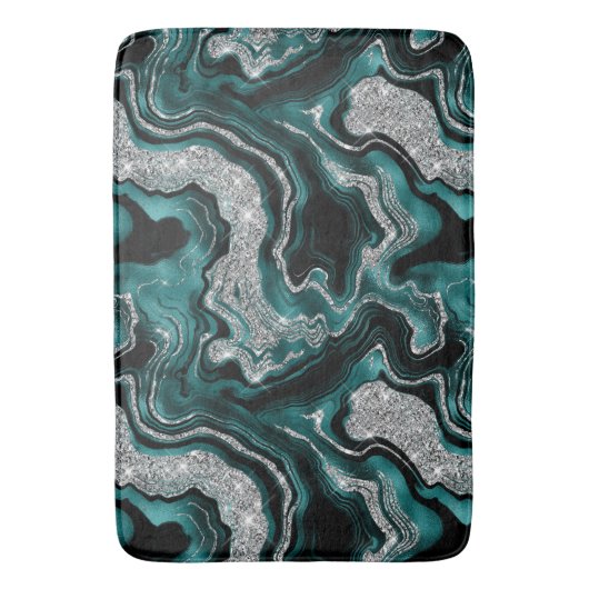 Elegant Blauwgroen en Silver Glitter Agaat Pattern Badmat (Voorkant Verticaal)