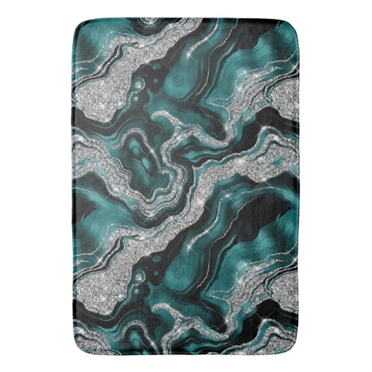 Elegant Blauwgroen en Silver Glitter Agaat Pattern Badmat (Voorkant Verticaal)