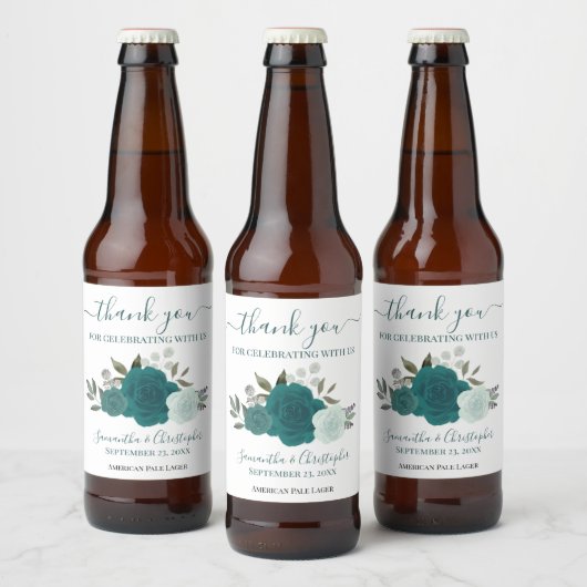Elegant Blauwgroen en Turquoise Rozen Weddenschap Bier Etiket (Flessen)