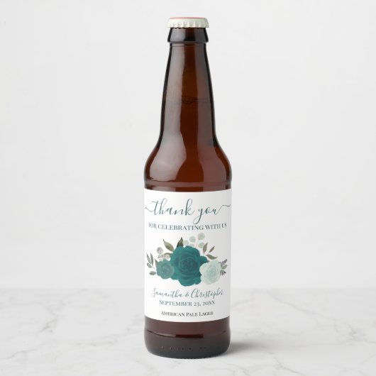 Elegant Blauwgroen en Turquoise Rozen Weddenschap Bier Etiket (Voorkant)