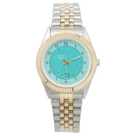 Elegant Blauwgroen Faux Folie Monogram Horloge