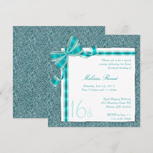 Elegant Blauwgroen Faux Glitter Invite met Bow Kaart (Voorkant / Achterkant)
