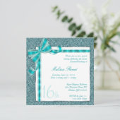Elegant Blauwgroen Faux Glitter Invite met Bow Kaart (Staand voorkant)