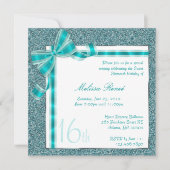Elegant Blauwgroen Faux Glitter Invite met Bow Kaart (Voorkant)