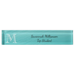 Elegant Blauwgroen Faux Metal Monogram Student Naambordje