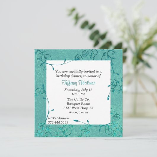 Elegant Blauwgroen Fleur verjaardagsuitnodiging Kaart (Staand voorkant)