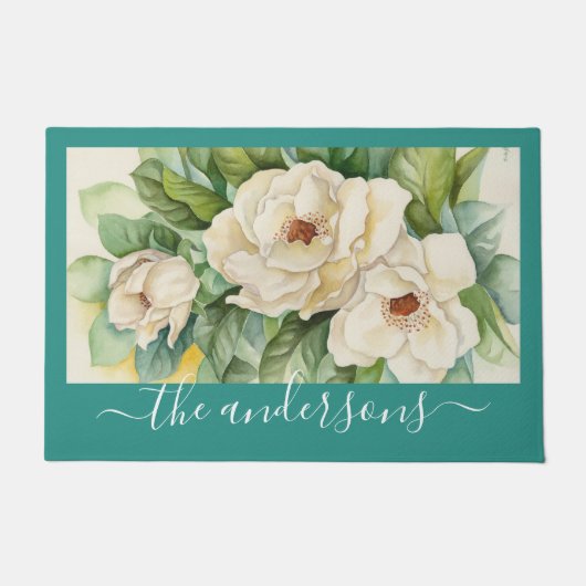 Elegant Blauwgroen Floral Magnolia Flowers Script  Deurmat (Voorkant)