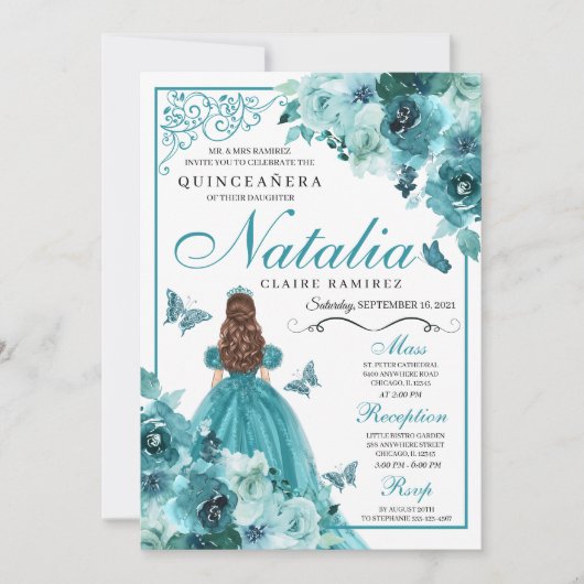 Elegant Blauwgroen Floral Quinceanera Birthday Inv Kaart (Voorkant)