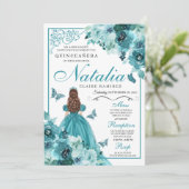 Elegant Blauwgroen Floral Quinceanera Birthday Inv Kaart (Staand voorkant)