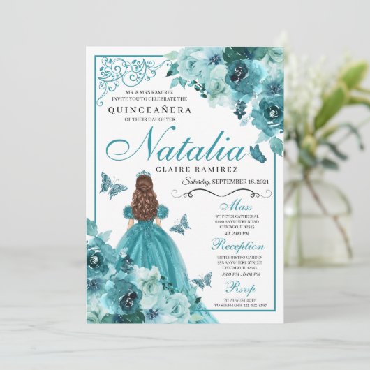 Elegant Blauwgroen Floral Quinceanera Birthday Inv Kaart (Staand voorkant)