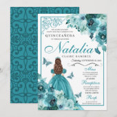 Elegant Blauwgroen Floral Quinceanera Birthday Inv Kaart (Voorkant / Achterkant)