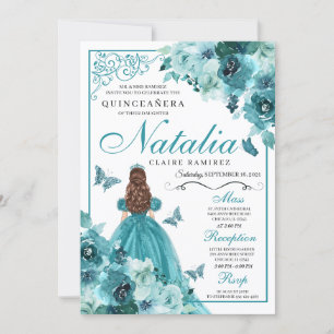 Elegant Blauwgroen Floral Quinceanera Birthday Inv Kaart