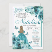 Elegant Blauwgroen Floral Quinceanera Birthday Inv Kaart (Voorkant)