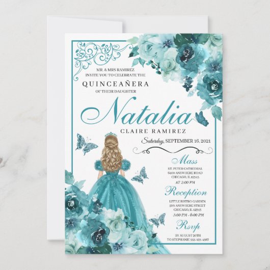 Elegant Blauwgroen Floral Quinceanera Birthday Inv Kaart (Voorkant)