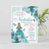 Elegant Blauwgroen Floral Quinceanera Birthday Inv Kaart (Staand voorkant)